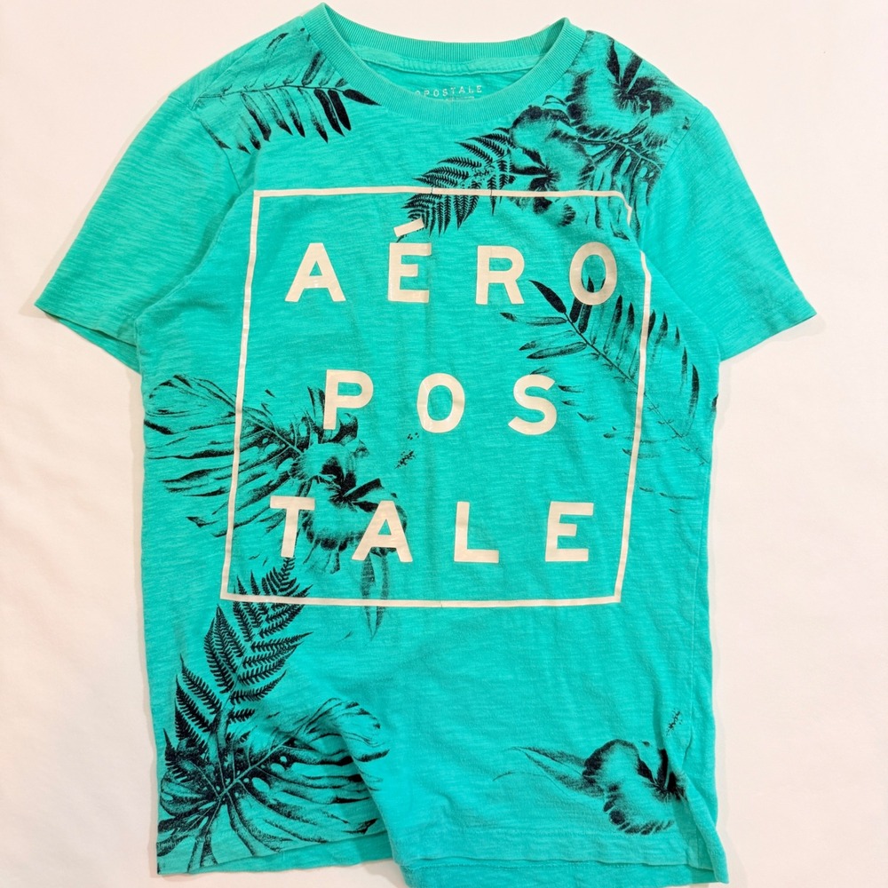 Aeropostale T-Shirt Men XS Teal Tropical Fern Graphic Slub Knit Tee